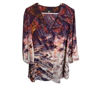 Rose & Olive Blouse Women's 1X V-Neck 3/4 Sleeve Printed Artsy Abstract Top